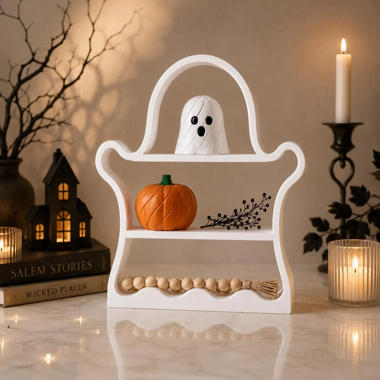 Halloween Ghost Shelf, Spooky Tiered Display Stand, White Ghost Display Shelf, Halloween Home Decor