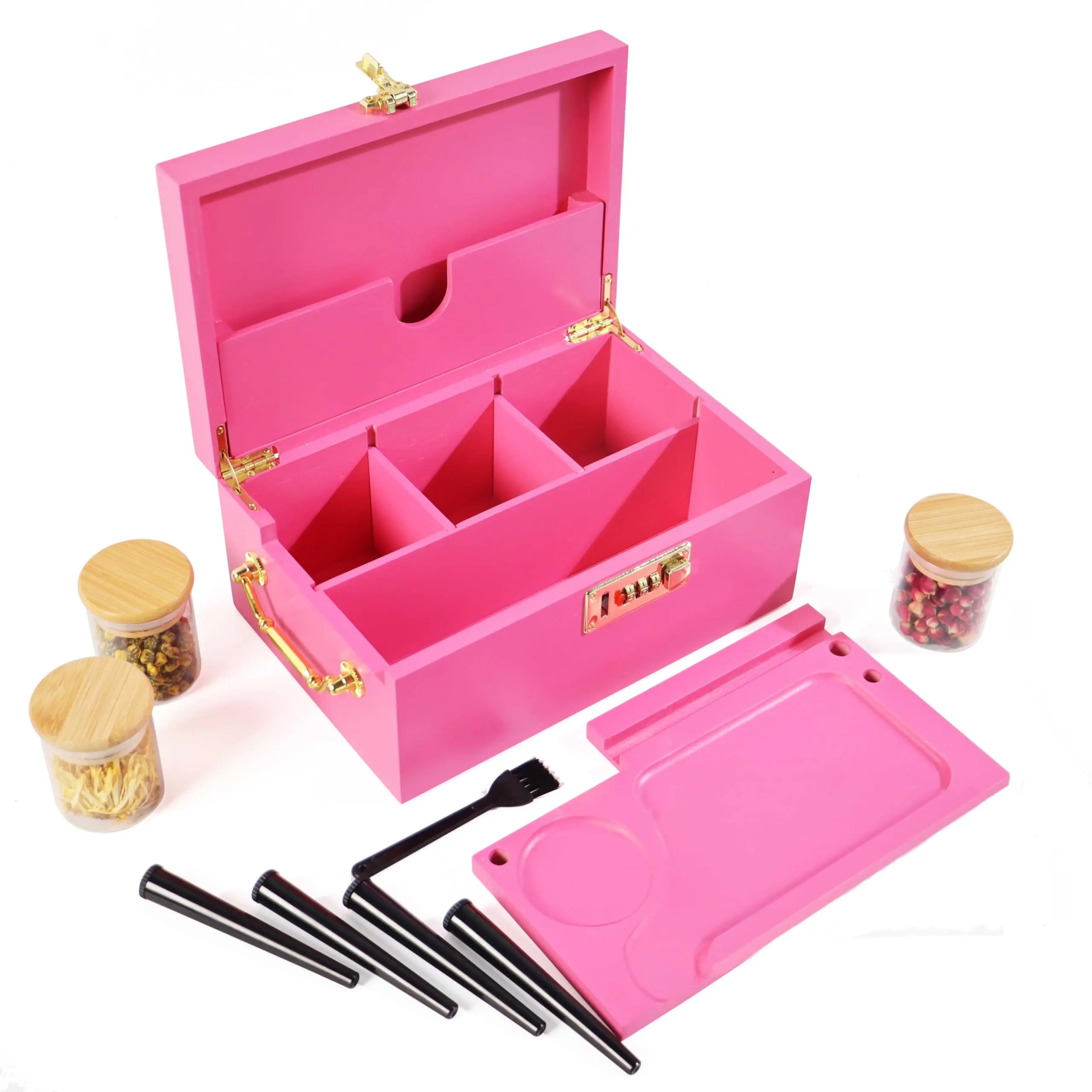Large Bamboo Storage Box with Combination Lock & Accessories -Premium Stash Box Organizer Set with Handle & Removable Tray, Bamboo Smell Proof Container Home Decorative Box for Gift Birthday Christmas