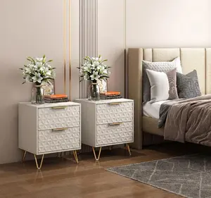 Set of 2 Light Luxury Wall-Mounted Nightstands with 2 Drawers, Bottom Support Rail, Gold Legs & Handles, 3D Embossed Design, for Bedroom, Living Room, or Office