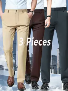 3-Pack Men's Premium Business Pants, Trouser, High Stretch Wrinkle-Resistant No-Iron, Slim Fit Not Tight, Breathable Comfort, All-Season, Business & Casual, Versatile for Work & Daily