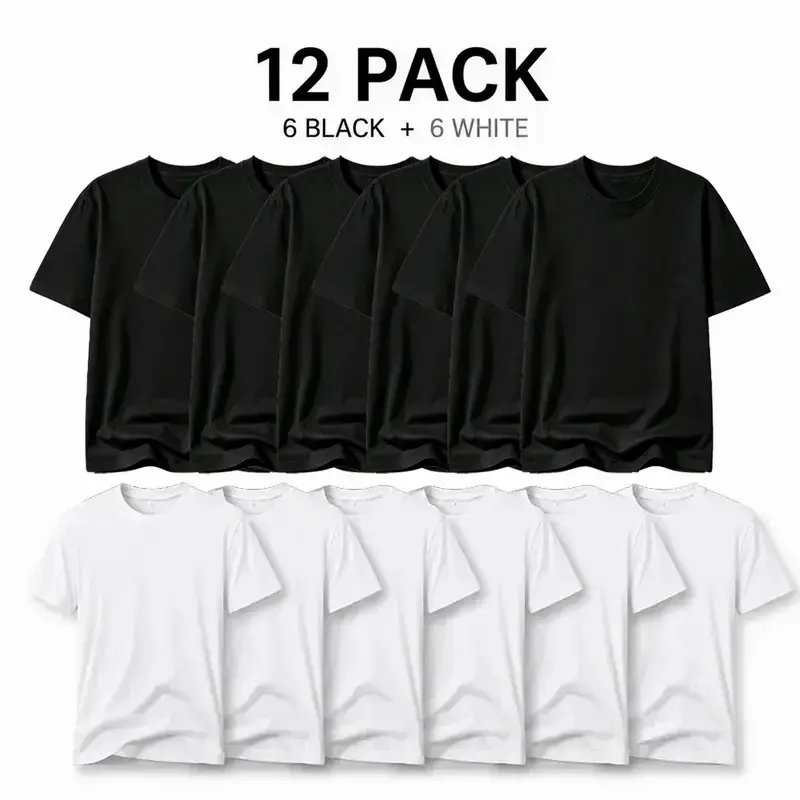 12‑pack unisex 100% cotton T‑shirts, including 6 black and 6 white solid‑color soft cotton short‑sleeve tees. Unisex vintage loose‑fit solid crew‑neck short‑sleeve streetwear, ideal for everyday casual wear. Cotton T‑shirts