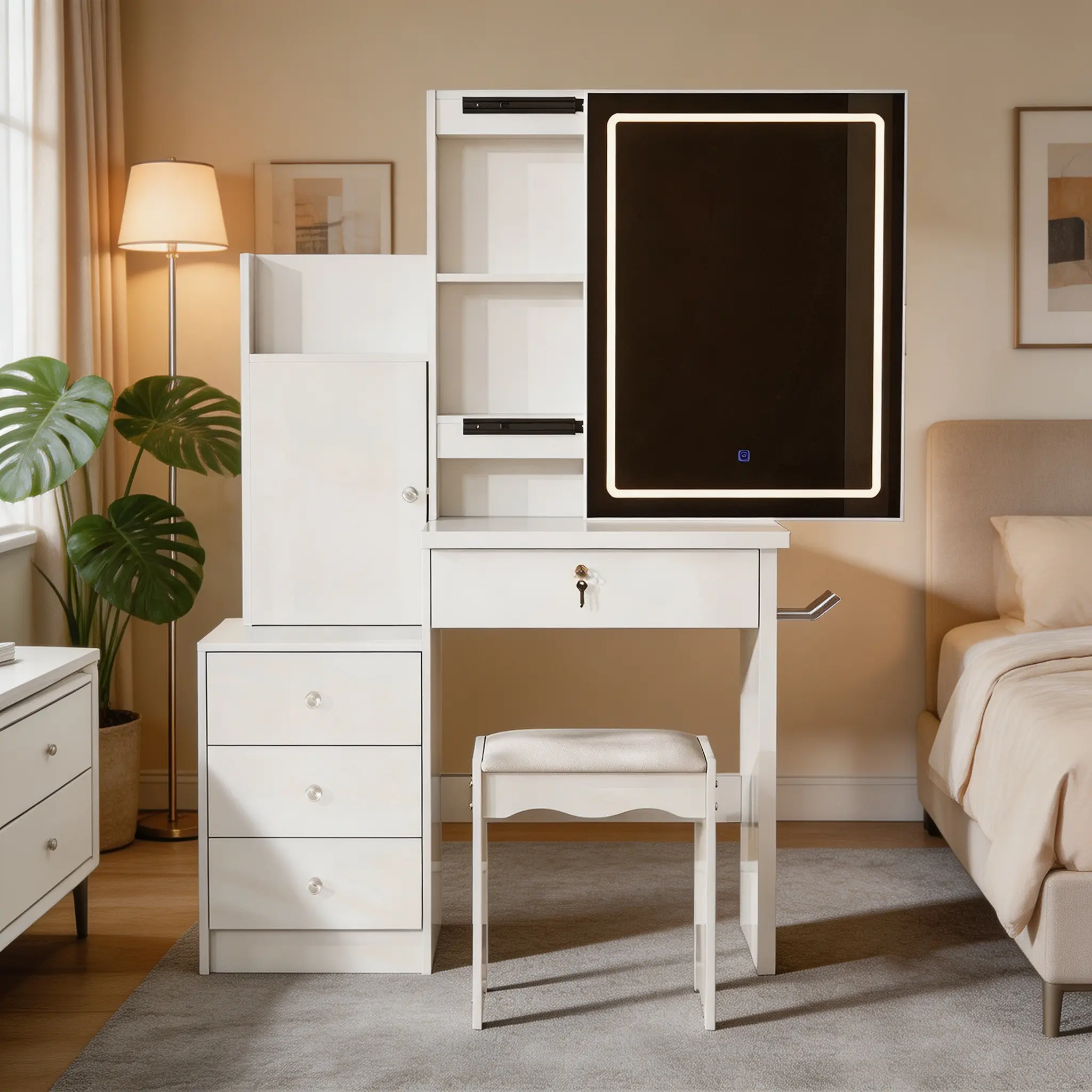 Vanity Desk Set with Sliding Lighted Mirror, 4 Drawers, 9 Storage Spaces, White | Makeup Table with Hidden Compartments & Stool for Bedroom