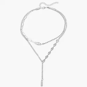 Women’s silver multi-layer chain necklace featuring a paperclip chain and bead chain design, with a long Y-shaped pendant.