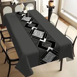 1pc Modern Minimalist Gray Geometric Pattern Rectangular Tablecloth - Thickened Twill Polyester with Fan Edge, Durable & Easy-Clean for Home Dining, Kitchen, Living Room, Hotel & Party Decor, Dining Table Cloth, Kitchen Deco
