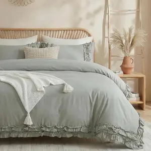 100% Cotton Ruffled Comforter Set Queen, Light Gray Farmhouse Bedding Set French Cute Comforter Set