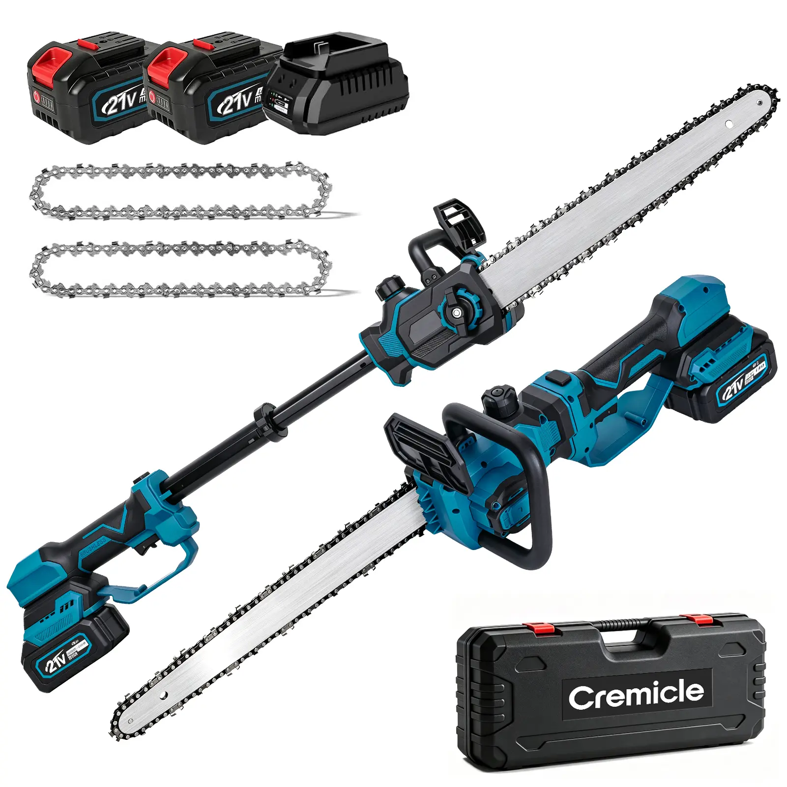 12 inch Chainsaw, 21V Battery-Powered Chainsaw with 2 Batteries, 2 Chains, and Case - Ideal for Outdoor Cutting Tasks