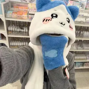 Ins New Chiikawa Hat and Scarf Three-Piece Set Winter Sweet Plush Warm Thickened Cartoon Hachiware Usagi Scarf Holiday Gift Toys