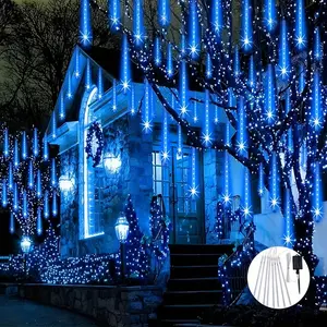 Solar Meteor Shower LED Christmas Lights, Energy-Saving Icicle String Lights, 8 LED Bulbs, High-Quality Outdoor Garden Wedding Party Holiday Decorations, Outdoor Twinkle Lights