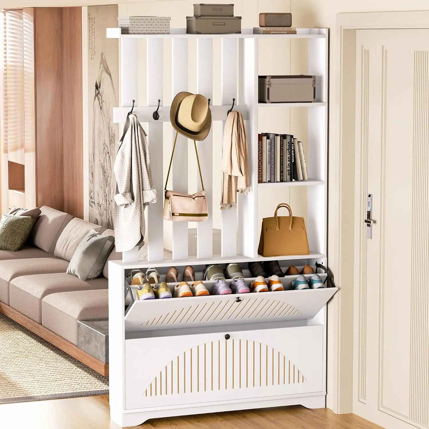 Room Divider with Shelves and Shoe Storage Cabinet, Wall Partition Divider 78" Modern Wall Room Divider with Coat Rack, Freestanding Privacy Screen Partition for Home Living Room Entryway