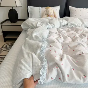 3Pcs Plaid Cherry Light Blue Bedding Set, Soft Breathable Premium Fabric, 1 Duvet Cover + 2 Pillowcases Without Filler, Single Double Queen Size All Season Use