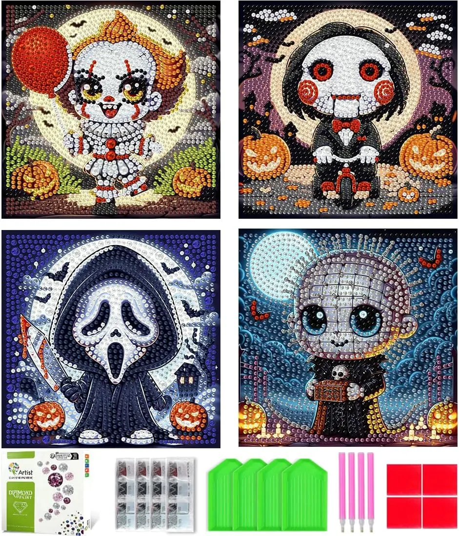 Diamond Art Kit for Kids, 4-Pack 5D Full Drill DIY Craft with Box, 7x7 in Halloween Horror Gem Art Gifts for 6-12 Year Olds