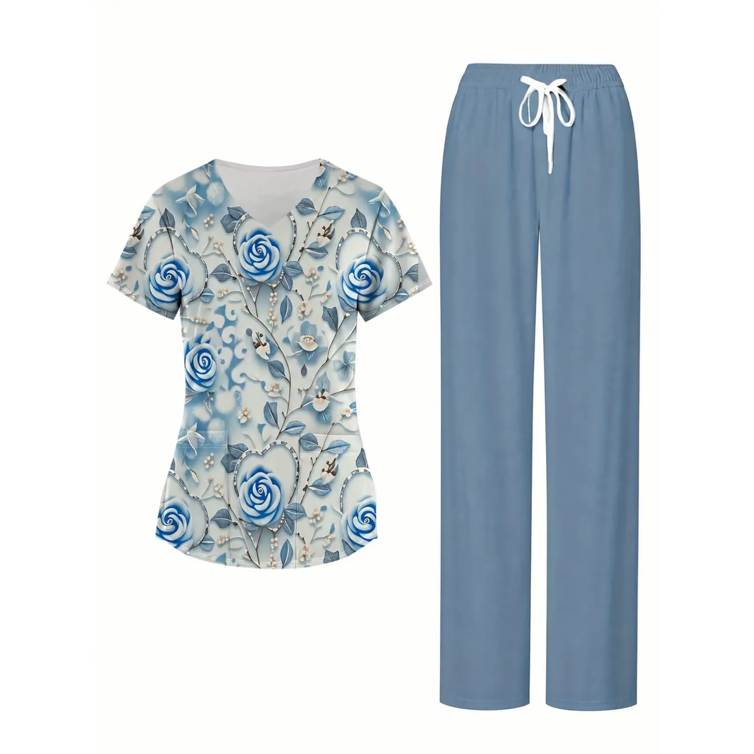 Women's Medical Scrub Set - Blue Rose Floral Print V-Neck Top & Solid Blue Drawstring Pants, Professional Nurse Workwear for Healthcare Professionals