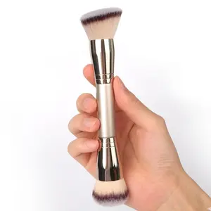Dual-Ended Ergonomic Cosmetic Brush, Round & Angled Pro Makeup Brush with Vegan Synthetic Bristles for Liquid, Powder & Cream Products