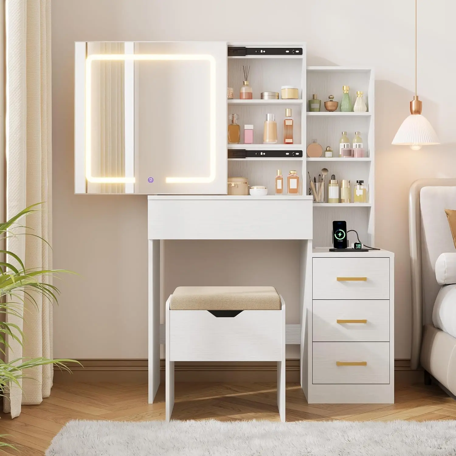 Garvee Makeup Vanity Desk with Sliding Lighted Mirror, Vanity Table with 3-Color Dimmable LED, Cushioned Stool & Power Outlet, 4 Drawers Makeup Table for Bedroom, White