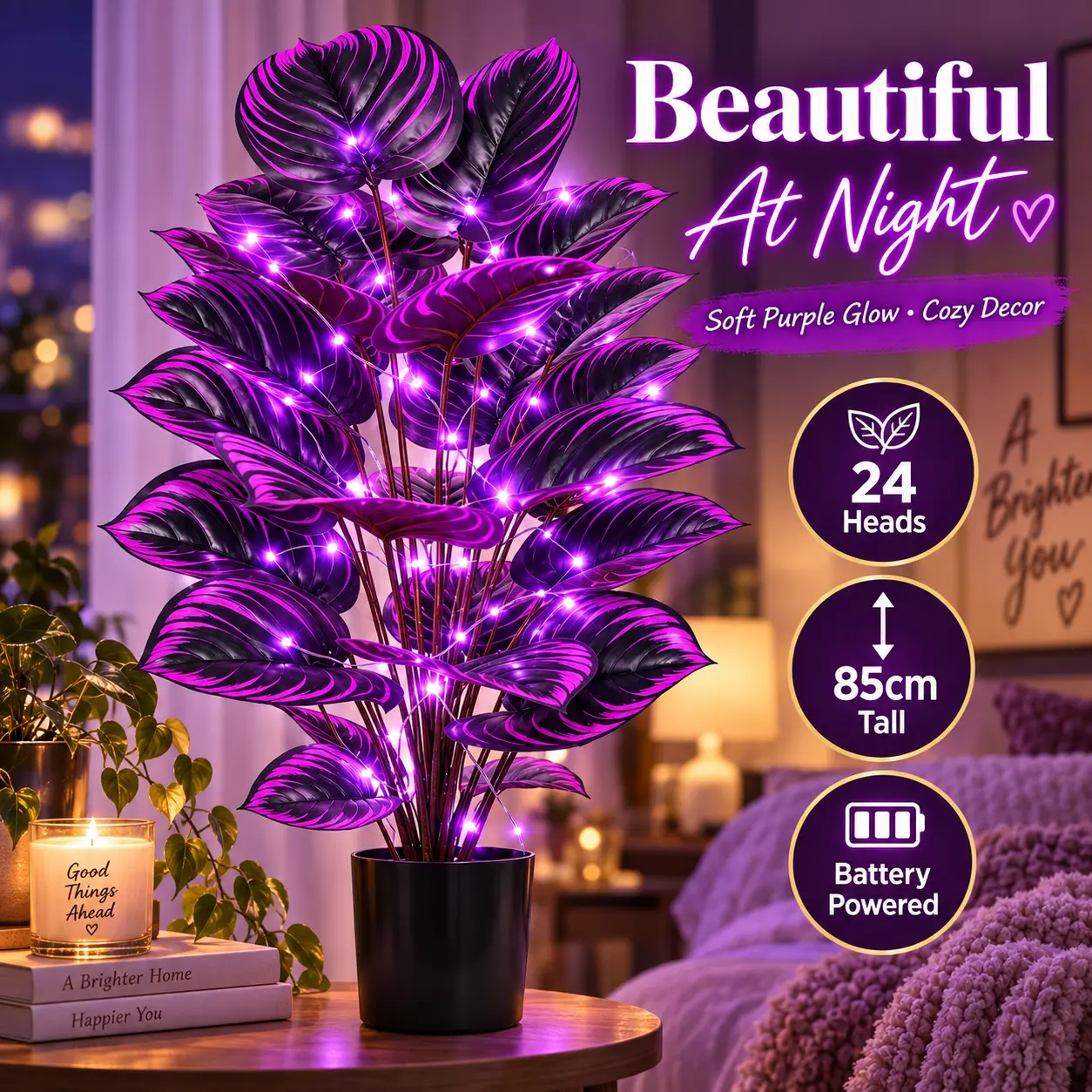 LED Lighted Artificial Plant 85cm Tall Purple Leaf Faux Plant with 24 Heads, Battery Powered Fairy String Lights Decorative Tree for Bedroom Living Room Office Gaming Room Aesthetic Home Decor Gift