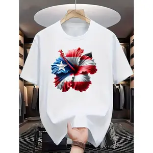 Puerto Rico Flag Hibiscus Flower T-Shirt - Vibrant Patriotic Design, Breathable 100% Cotton, Regular Fit Short Sleeve Tee for Men & Women, Summer Casual Wear, Machine Washable, Patriotic Clothing| Short Sleeve Shirt| Cotton Tshirt