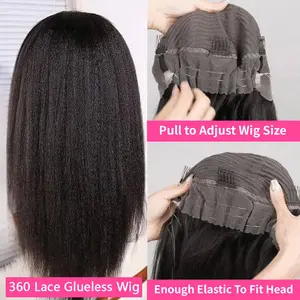 Kinky Straight Invisible Strap 360 Lace Glueless Wig Human Hair 13x6 Lace Front Wig 180% Density Transparent Lace Human Hair Wigs For Women Natural Hairline
