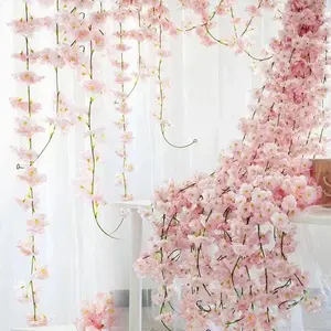 2pcs 11.8ft Artificial Cherry Blossom Flower Vines Fake Flower Garland Outdoors Hanging Silk Flowers Vines for Home Decor Pink Room Decor Wedding Party Japanese Kawaii Decor