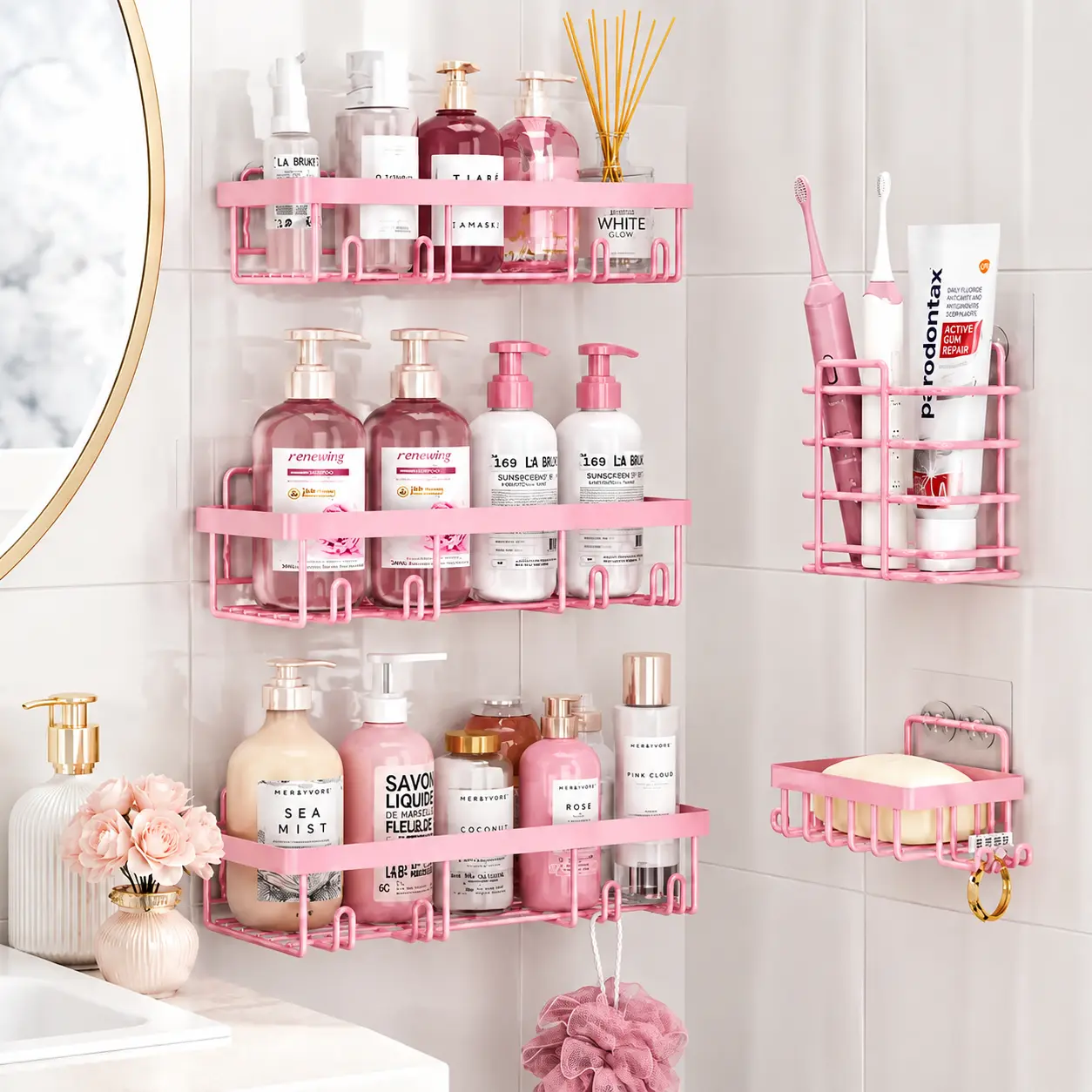 5-Pack Pink Stainless Steel Shower Caddy Set, Adhesive No Drill Bathroom Organizer, Rustproof Waterproof Wall Mounted Shower Storage Rack with Toothbrush Holder and Soap Dish, Space Saving Shower Shelf for Apartment
