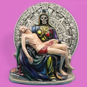 11-in Santa Muerte with Jesus Aztec Calendar Charged Statue, Curada Energized Figurine, Religious Home Decor for Home Decoration