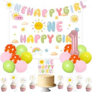 Sun 1st Birthday Decorations for Girl,One Happy Girl with Backdrop Balloons Banner Cake Topper for Sun Theme First Birthday Party Supplies