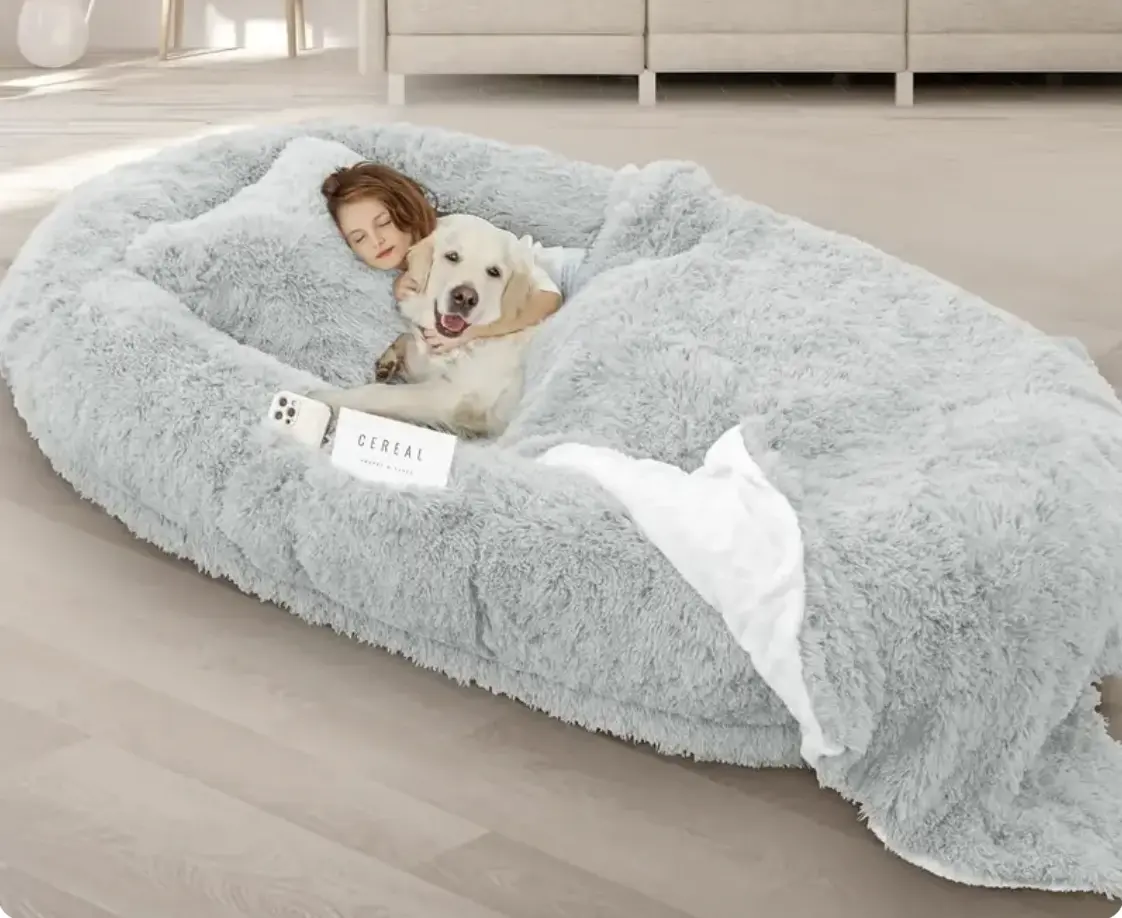 Giant Human & Furbaby Dog Bed - Ultra-Soft Plush, Egg Crate Memory Foam Platform Bed, Non-Slip Base, Machine Washable Cover, Convenient Handles, Double the Bolster - Ideal for Any Room Relaxation, Napping