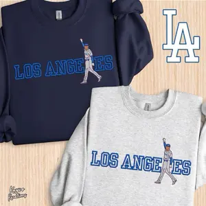 Los Angeles Baseball Sweatshirt - Gray Crew Neck Long Sleeve with "Los Angeles" Text and Player Design