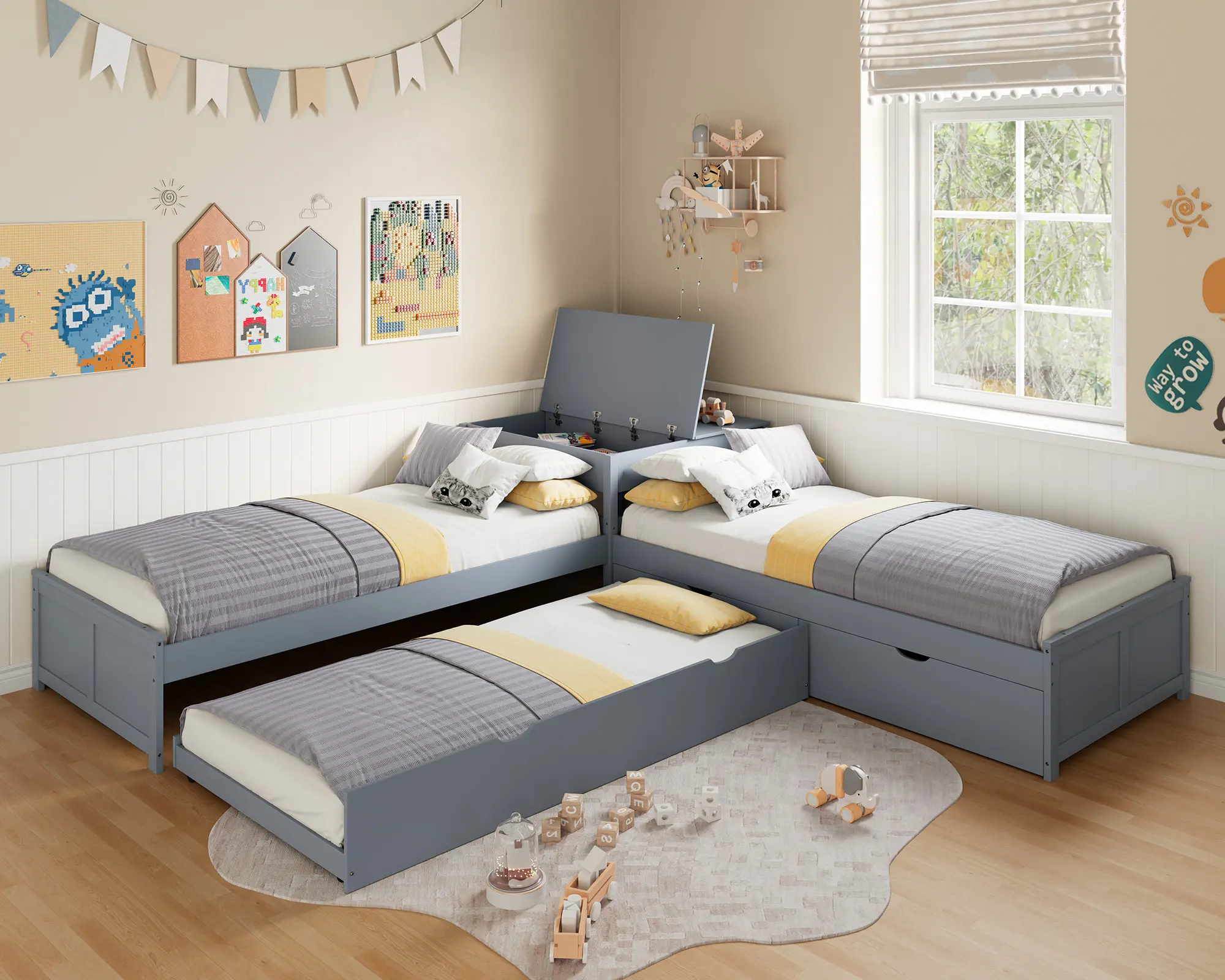 AMERLIFE L-Shaped Twin Trundle Bed with Flip-Top Storage Desk, Space-Saving Solid Wood Platform Bed Frame, Multi-Functional Twin Bed for Kids and Families