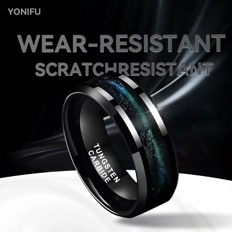 Yonifu 8MM Cosmic Galaxy Black Tungsten Carbide Ring - Men's Wedding Band with Elegant Design, Tarnish Resistant, Durable Men's Wedding Band, Tarnish Resistant Ring