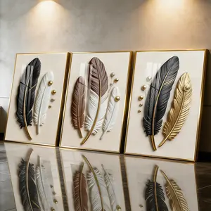 3Pcs Aluminum Alloy Framed Painting, Elegant Black Brown White Feather Picture, Home Decoration For Living Room, Bedroom, OfficeWall Decor, Odorless Print Artwork, Luxury Perfect Gift For Friends And Family
