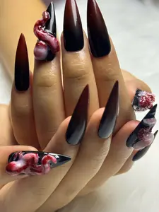 Halloween Dark Red Press On Nails Creepy Grunge Horror Nail Art Glossy Y2K Chrome Retro Style 10 Nails 20 Tabs Strong Glue Bottle
