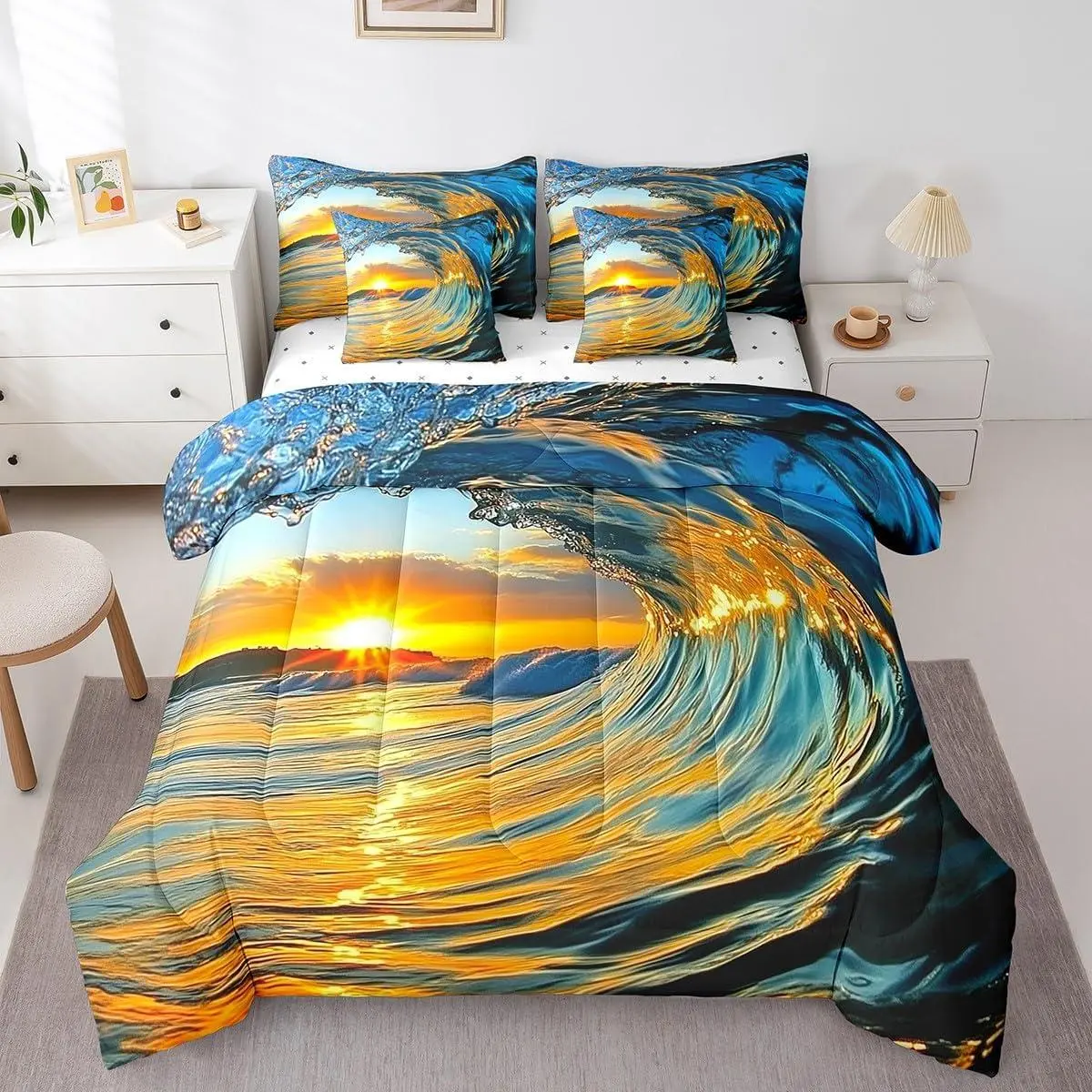 Feelyou 7-Pc Coastal Wave Sea Theme Decor Bedding Set - Queen/King Bed in a Bag with Comforter, Sheets, Pillowcases & Cushion Cover, Ocean Sunset Nature Pattern for Summer Beach Vacations