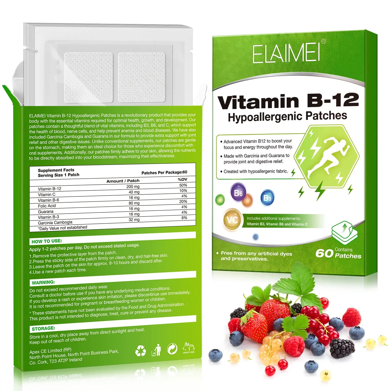 Elaimei Vitamin B12 Patches 60pcs, High Content Multivitamins, Boost Energy and Focus, Transdermal Absorption, No Additives, Energy Focus Supplement, Daily Energy Supplement