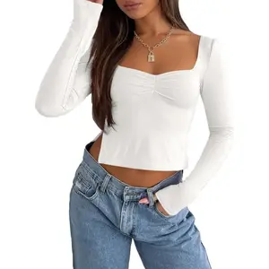 Women's Sexy Long Sleeve Going Out Tops Pleated Bustier Shirt Cute Sweetheart Neck Y2K Cropped Top