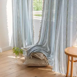 Boho Curtains for Bedroom Embroidery Striped Farmhouse Linen Curtains 63 Inch Length 2 Panels for Living Room Blue Bohemian Semi-Blackout Window Curtains Rod Pocket Drapes ( 52" W x 63" L,Blue)