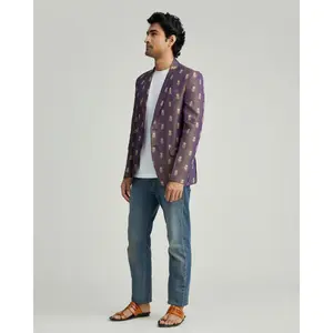 Avi Blazer - Purple Tussar Organza Statement Blazer, Hand Embroidered Gold Stitching, Satin Lining, Tailored Fit, Front Button Closure, True to Size, Perfect for Formal Occasions & Elegant Style