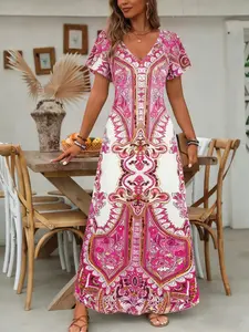 Bohemian Style V Neck Short Sleeve Fitted Vintage Ethnic Floral Print Maxi Dress for Summer, Elegant Vacation Flare Skirt Dress, Trendy Women's Fashion Casual Wear Womenswear Boho Sundresses