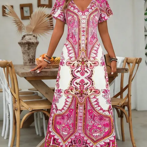 Bohemian Style V Neck Short Sleeve Fitted Vintage Ethnic Floral Print Maxi Dress for Summer, Elegant Vacation Flare Skirt Dress, Trendy Women's Fashion Casual Wear Womenswear Boho Sundresses, Boho Styles