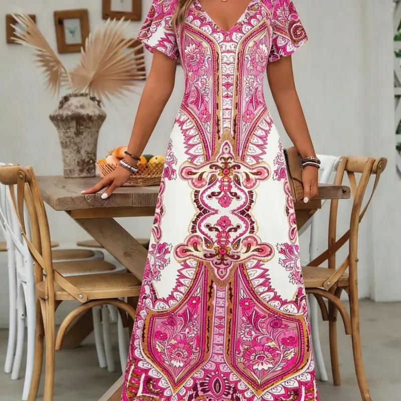 Bohemian Style V Neck Short Sleeve Fitted Vintage Ethnic Floral Print Maxi Dress for Summer, Elegant Vacation Flare Skirt Dress, Trendy Women's Fashion Casual Wear Womenswear Boho Sundresses, Boho Styles