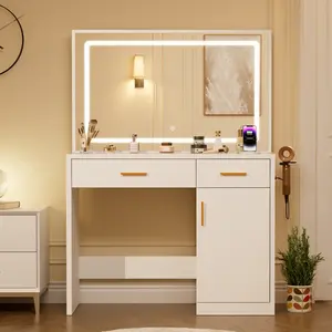 Vanity Desk with 35.4" LED Mirror and Lights, Makeup Vanity Table with Charging Station (2AC/USB/C), 2 Drawers & Large Cabinet, 3 Lighting Color Adjustable, Dressing Table