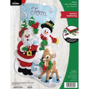Santa's Gathering Felt Applique Christmas Stocking 18" 89308E