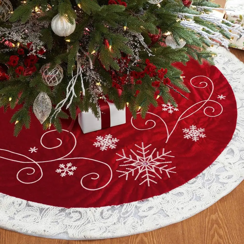 32 Inch Red Christmas Tree Skirt – Elegant Snow Sequin Embroidery with White Trim Border, Luxury Holiday Base Cover for Rustic Vintage Xmas Décor, Perfect Winter Party Ornaments & Seasonal Home Decorations for Small & Medium Trees