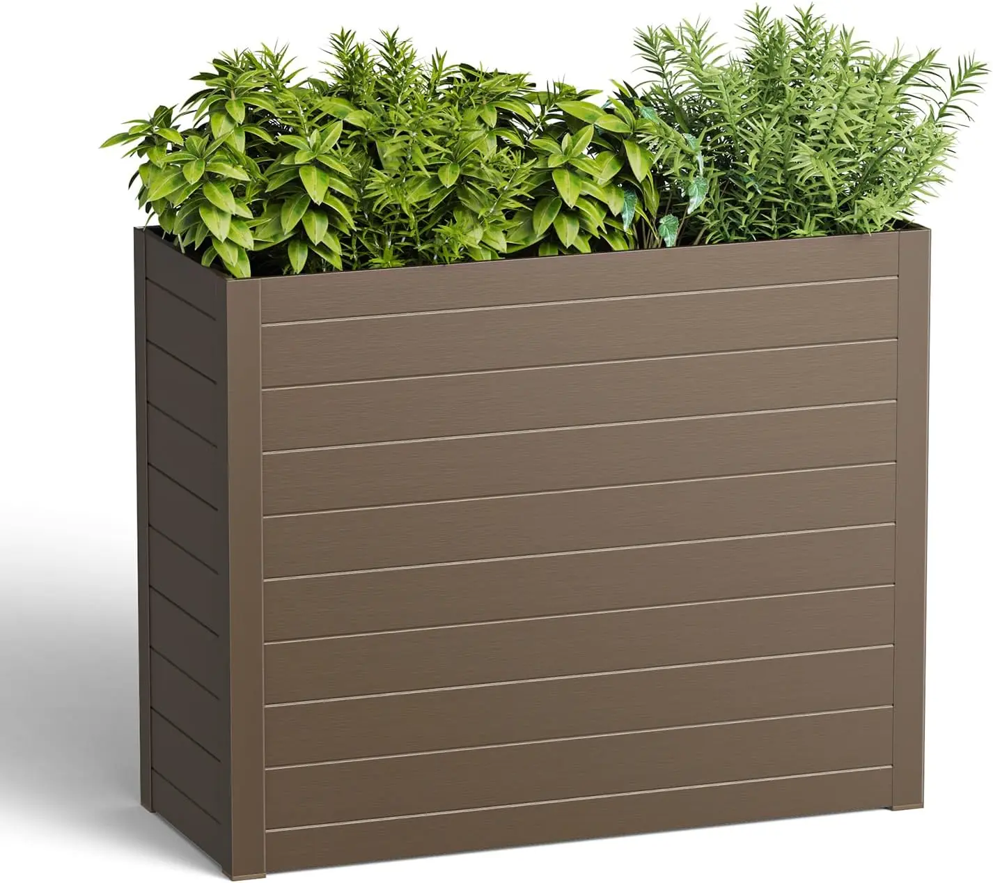 Rustic Wood-Look Large Rectangular Outdoor Planter Box - All-Weather HIPS High-Impact Garden Container with Drainage Holes, Adjustable Dividers, Soil Retention for Patio, Balcony Plants