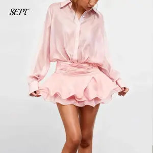 Women See Through Ruffle Hem Dress, Lantern Sleeves With Cinched Waist Light Short Dresses