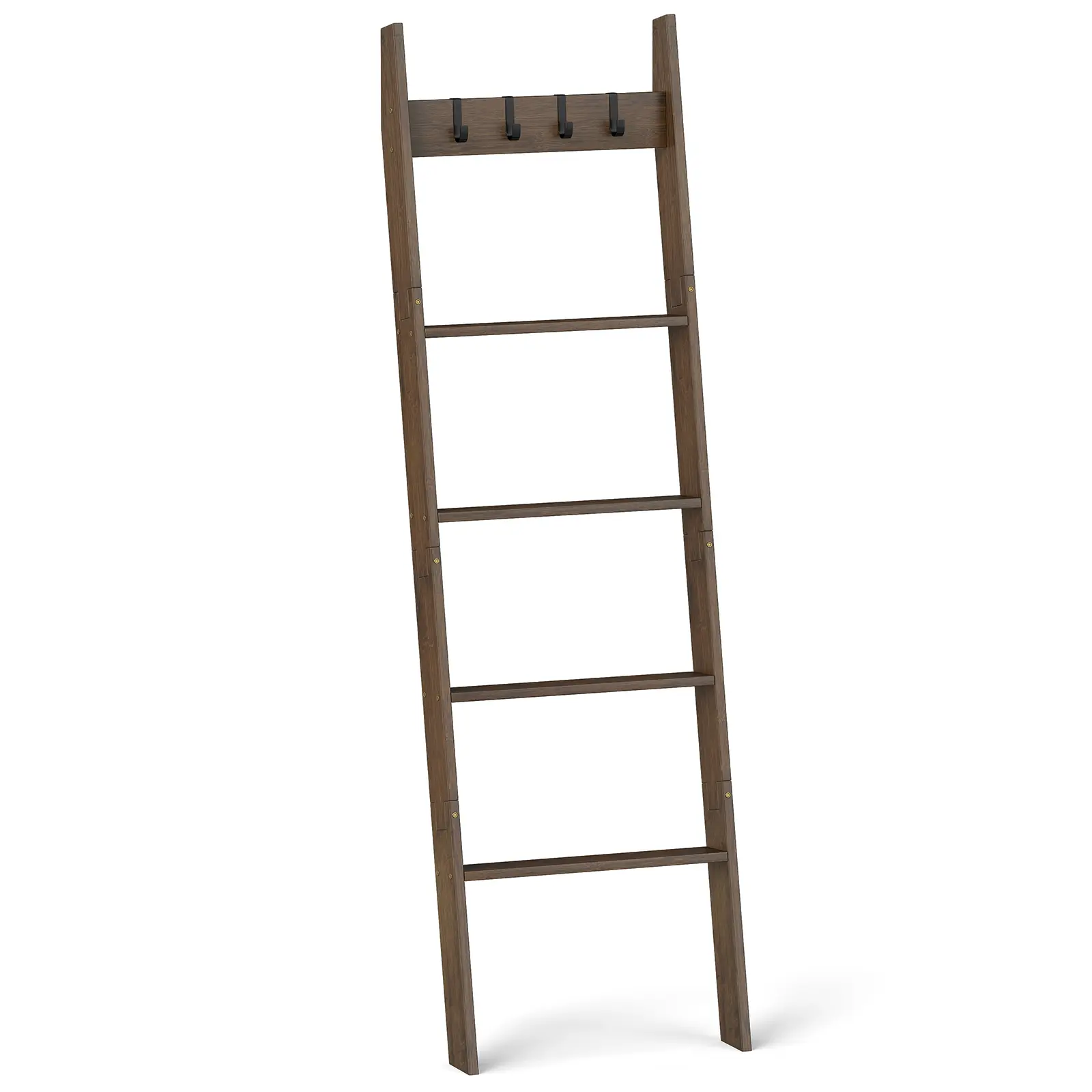 COSTWAY - 5-Tier Bamboo Ladder Bookshelf with 4 Removable Hooks-Brown COSTWAY - 5-Tier Bamboo Ladder Bookshelf with 4 Removable Hooks-Brown