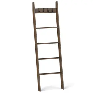 COSTWAY - 5-Tier Bamboo Ladder Bookshelf with 4 Removable Hooks-Brown