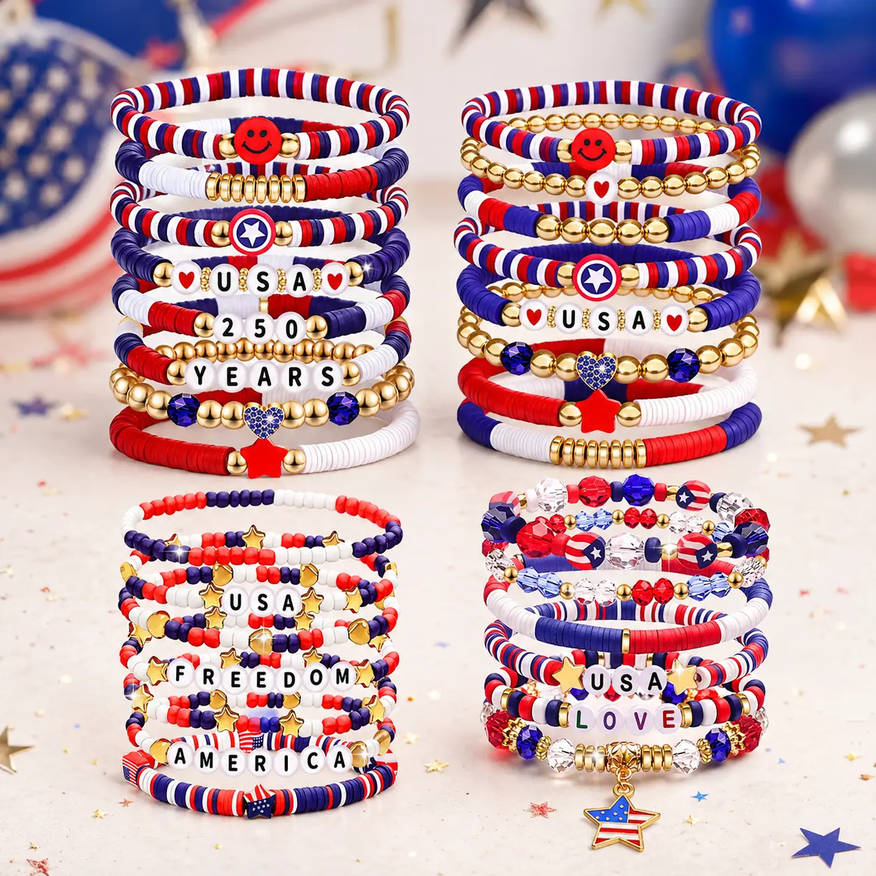 Women's Teens' USA Themed Polymer Clay Beaded Stretch Stackable Bracelets - Lightweight Red-White-Blue 4th of July Costume Jewelry, Holiday Gifts, Patriotic