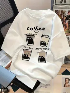 Women's Cartoon Cat Coffee Print Round Neck T-Shirt, Casual Loose Fit, Daily Wear, Outdoor Sports, Casual Breathable Top, Fashionable Pattern Tee