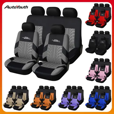 5 Seats Car Seat Covers Universal 1 Set, for Front & Rear Seats, Stylish Breathable Fabric Car Seat Protectors with Embroidered Logo, Airbag Compatible, Fits Most Autos SUVs Vans Trucks, Red Gray Black Car Decor Gift, Car Interior Accessories