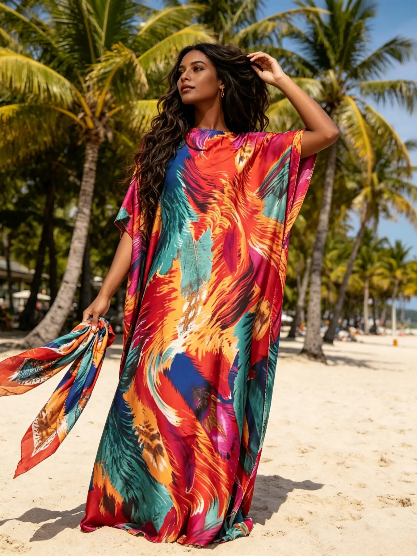 1 Robe+1 Scarf Red Tone Contrast Watercolor Feather Printed Robe Dress Set Large Ship Collar Loose Flesh Covering Long Dress+Scarf Summer Vacation/Daily, Casual wear Slimming Two Piece Set